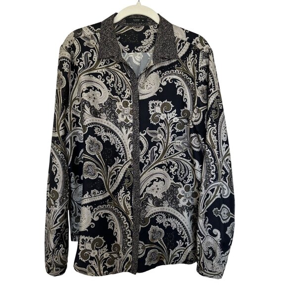 Etro Womens Silk Paisley Button Up Blouse Top Size 48 / US 12 Black Cream READ - Picture 1 of 13